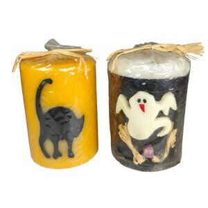 Vintage Halloween Pillar Candle Set  Black Cat Ghost Orange Black 4 inches Tall